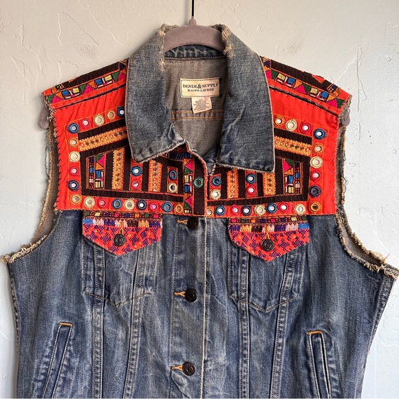 Denim & Supply Ralph Lauren Distressed Blue Denim Vest Embroidered Boho Festival - Picture 6 of 9